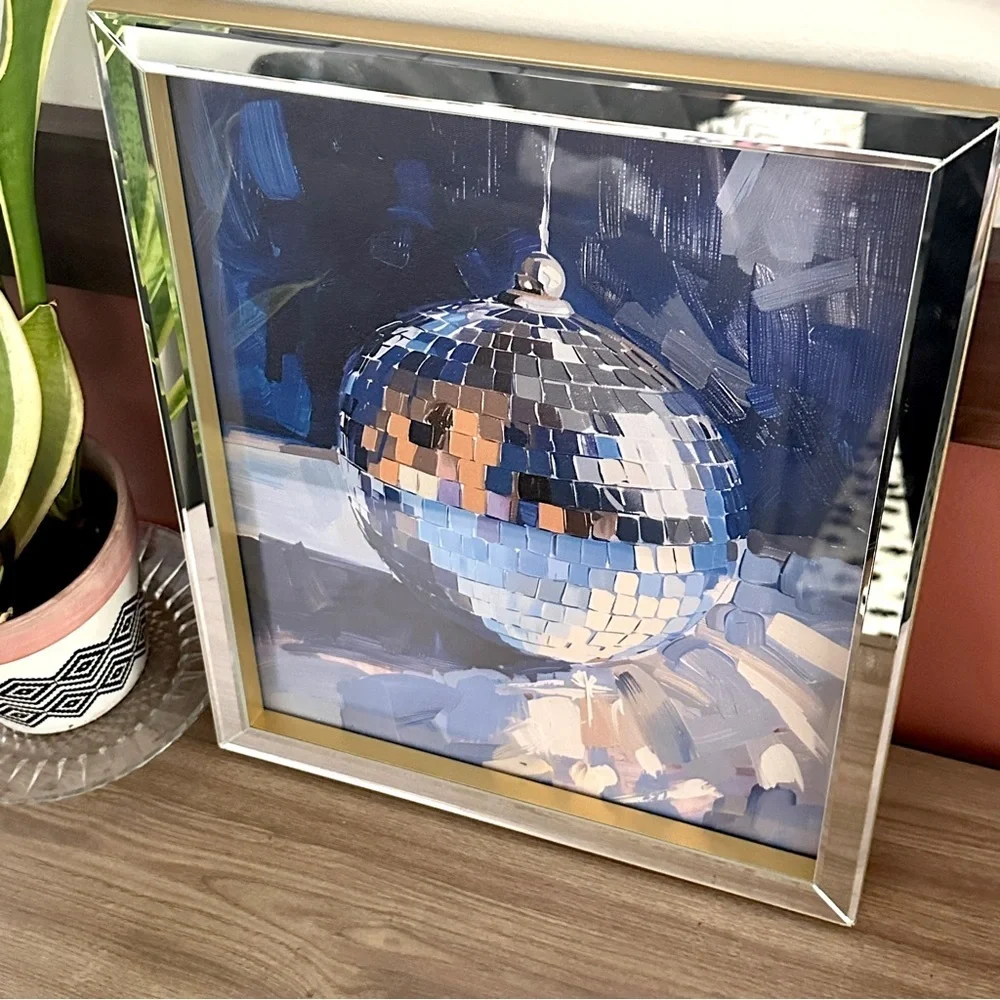 Disco Ball Mirrored & Gold Framed Mirror Ball Canvas Wall Art Print Mikasa Party